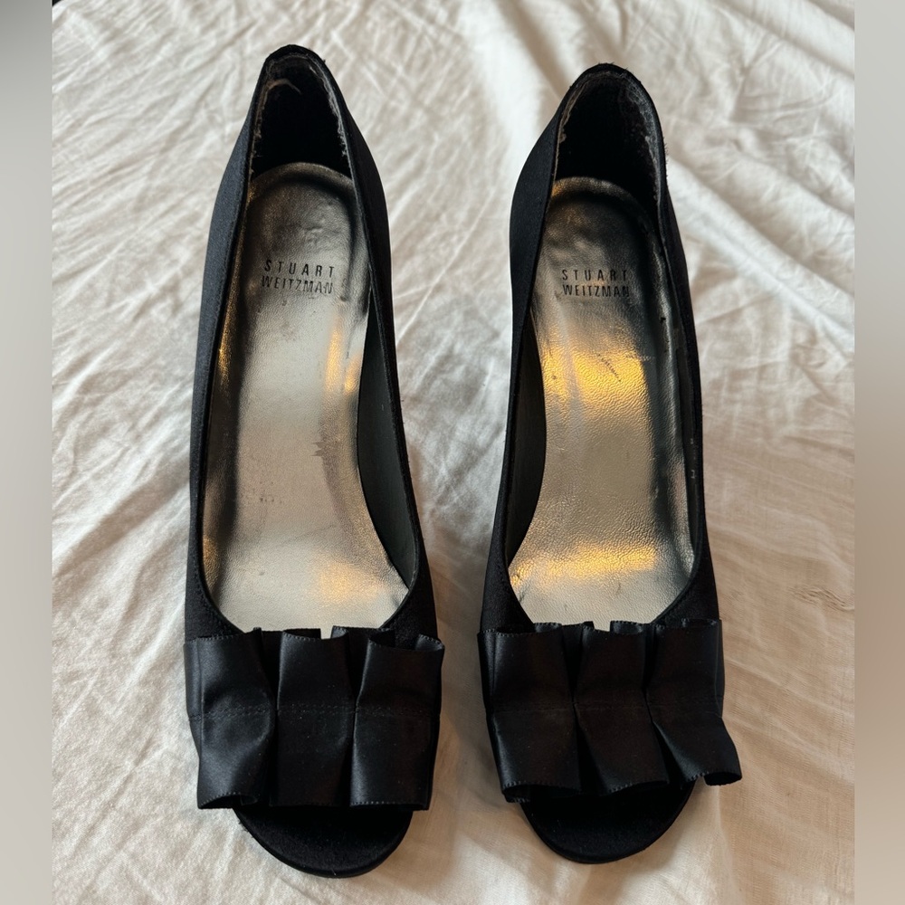 Stuart Weitzman Black Satin Ruffle Heels